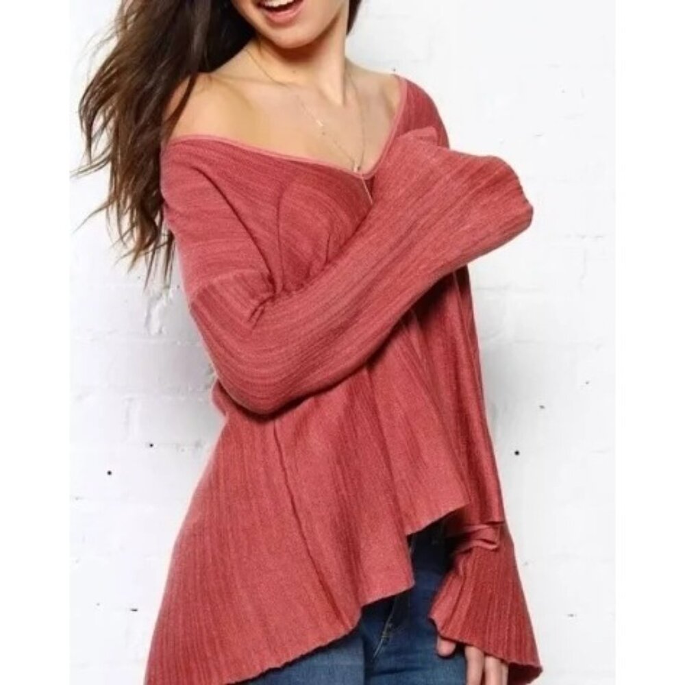 Free People Sundae Pullover Top Deep V Flared Sleeve Hi-Low Hem Oversized S‎